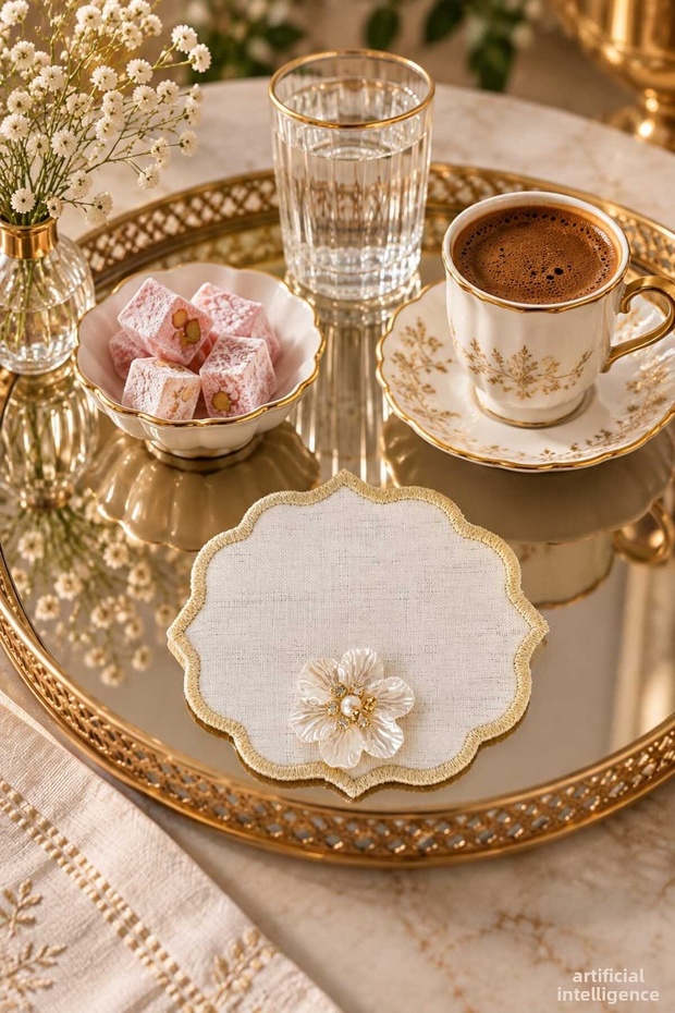 6 Embroidered Coffee Presentation Napkins with Floral Brooches