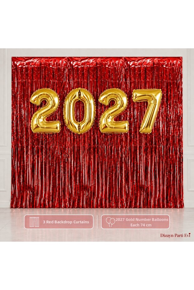 2027 New Year/Graduation Decoration Set Gold 74 cm Number Balloon and 3 Red Metallic Background Curtains