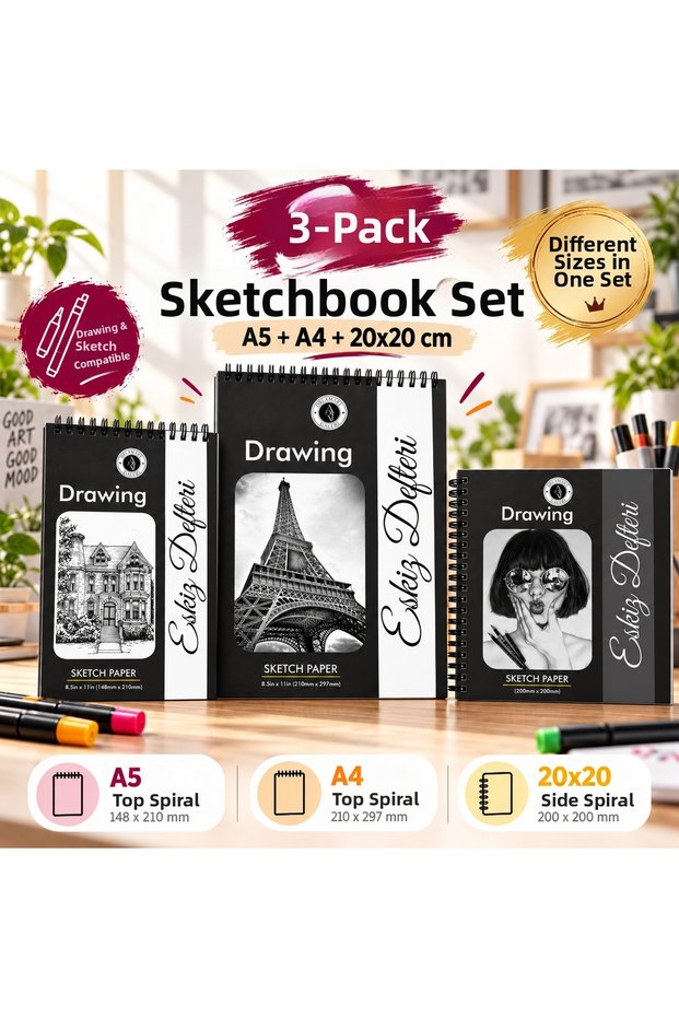 3-Piece Sketchbook Set – A5, A4 and 20X20 cm | Different Size Spiral Drawing Notebook