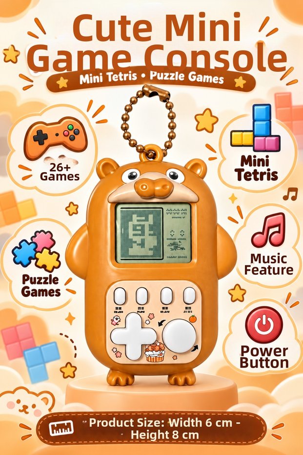 Orange Teddy Bear Design Mini Game Console – Features 26+ Games, Mini Tetris, Puzzle Games, and Music