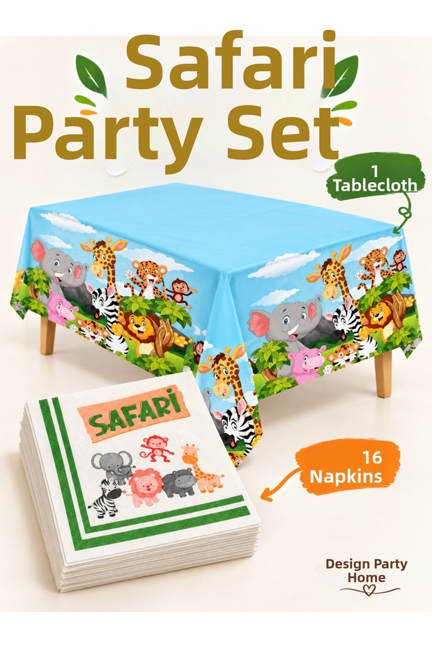 Safari Themed Birthday Tableware Set – 1 Tablecloth and 16 Napkins