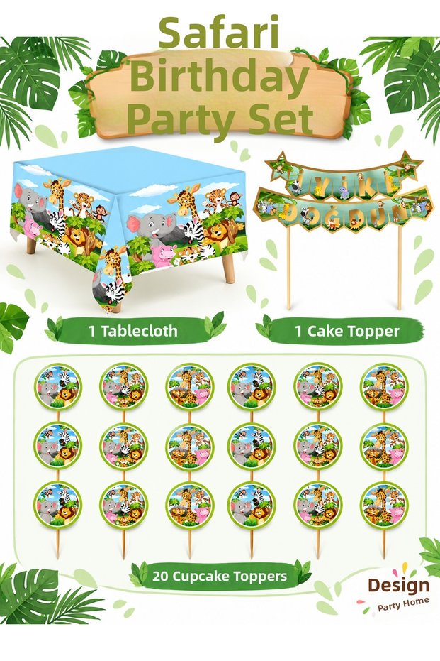 Safari Themed Birthday Decoration Set – Tablecloth, Cake Topper, and 20 Toothpick Ornaments