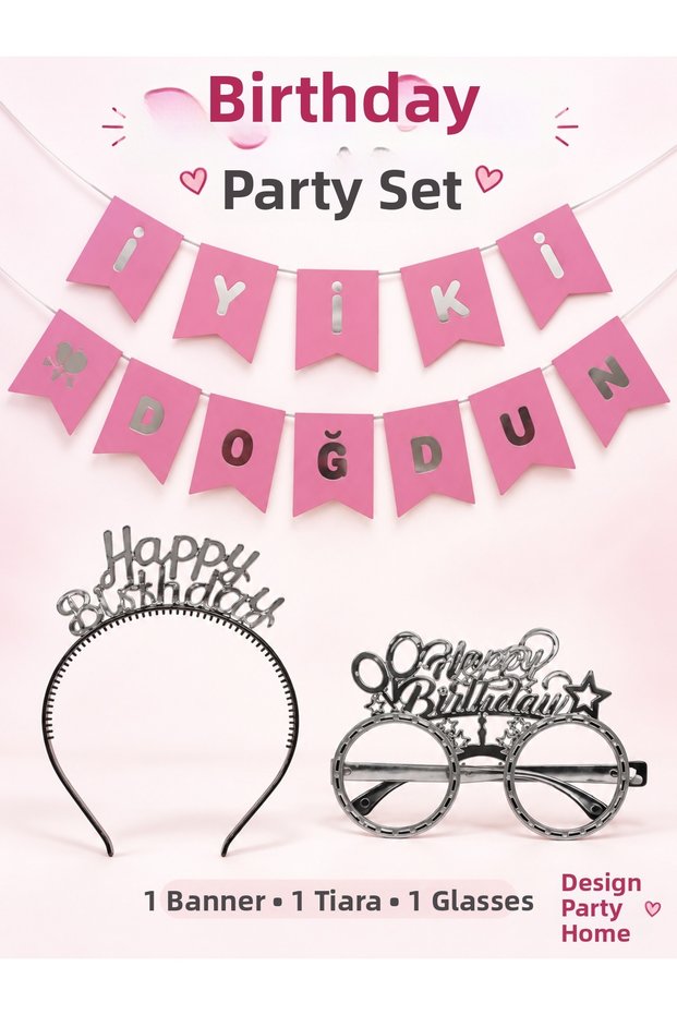 Pink and Silver Birthday Party Set – Happy Birthday Banner, Crown, and Glasses