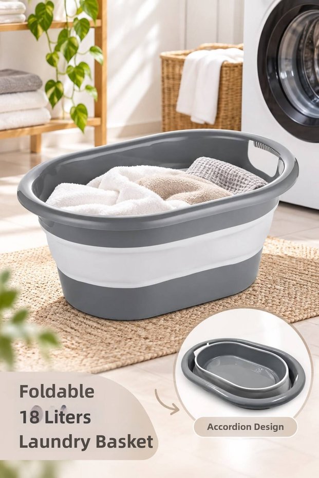 18 Liter Foldable Accordion Laundry Basket – Multi-Purpose Portable Laundry Basin, Space-Saving, Gray
