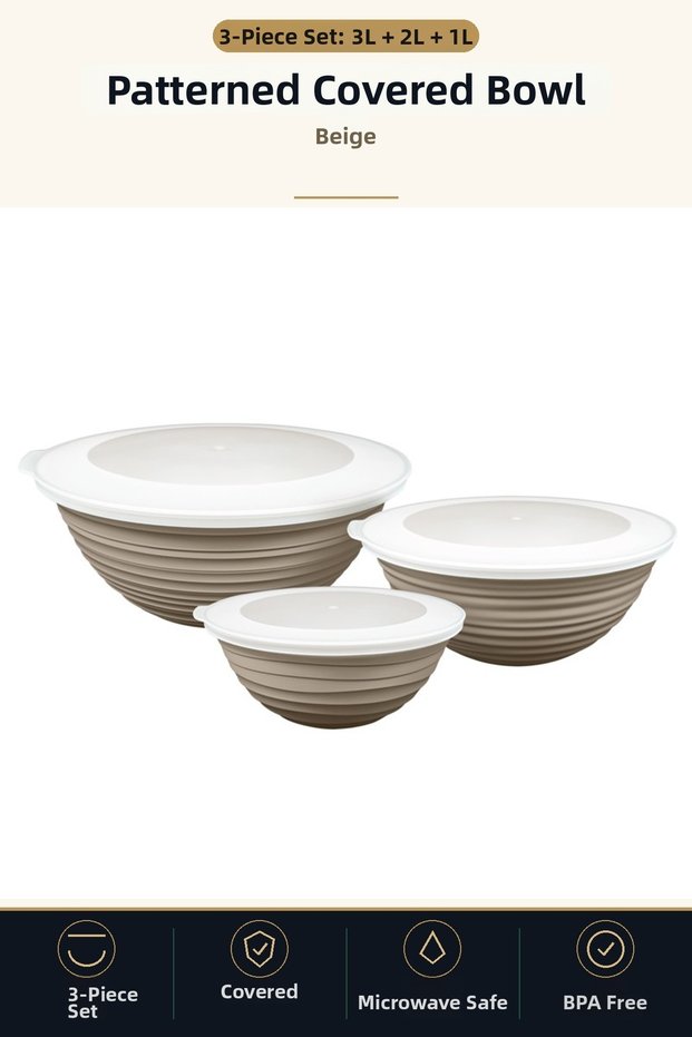 Patterned Bowl Set with Lid, 3-Piece, 3 L, 2 L, 1 L, Preparation and Storage Bowl, Microwave Compatible, Beige