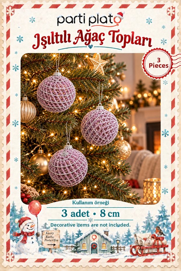 Sparkling Lilac Silver Christmas Tree Decoration Ball 8 cm 3-Piece Pvc Boxed