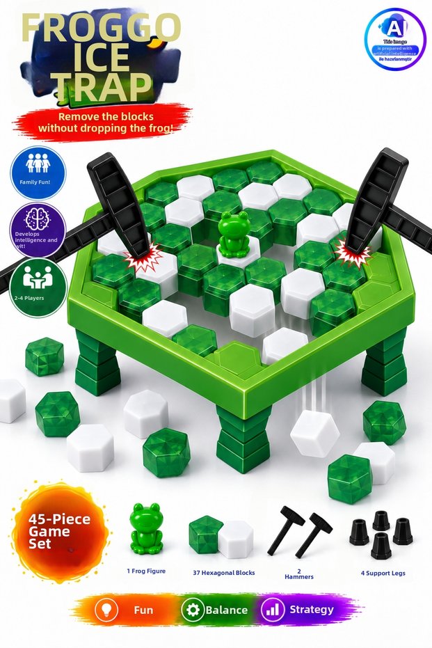 Ice Trap Froggo Frog Balance Game 45 Pieces – Ice Breaking Game with Hammer for 2-4 Players, Attention, Concentration & Strategy Enhancing Educational Toy