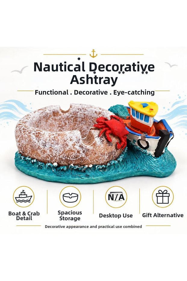 Ocean Boat Decorative Ashtray with Crab Figure, Marine Themed Trinket, Gift, Desktop Decoration, 12 cm