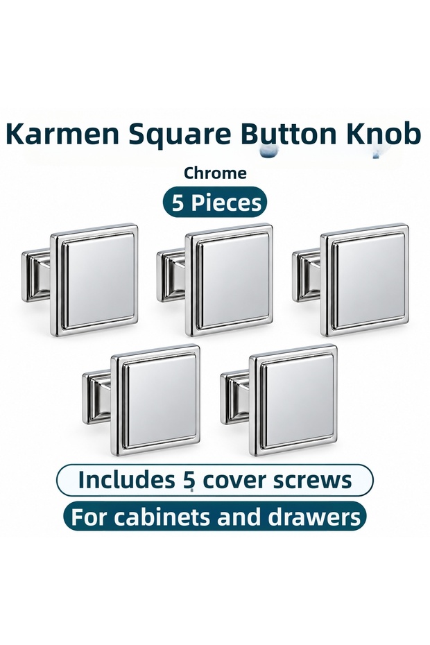 Karmen Square Button Handle, Chrome, 5 Pieces