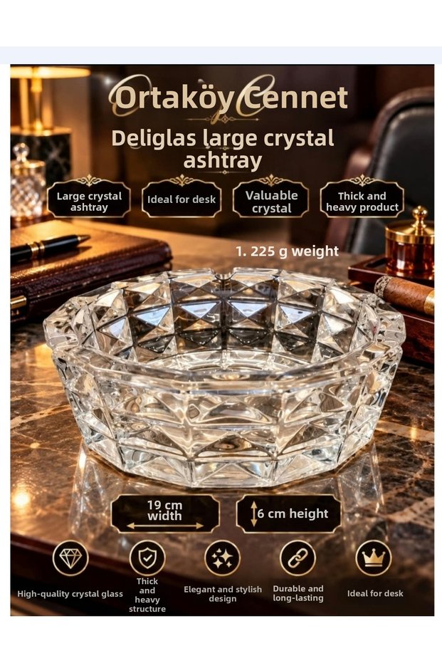 Crystalized Thick Heavy Ashtray 1 Piece Large Size Deliglas for Boss's Desk 19 cm Mouthpiece 17 cm Base 6 cm Height 1.225 Gr Weight