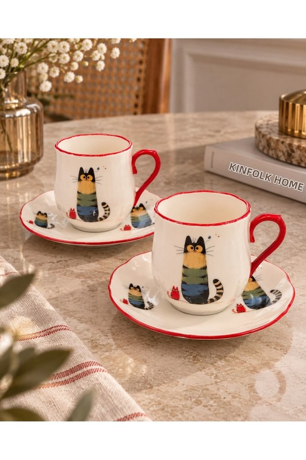 2-Person Meow Porcelain Coffee Cup Set 90 ml