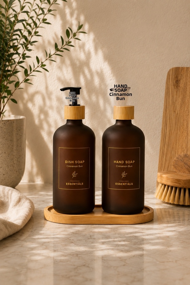 Set of 2 Pumped Liquid Soap Dispensers with Bamboo Plates for Kitchen and Bathroom Detergent Dispenser