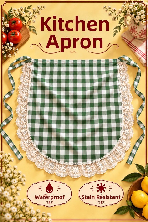 Lace Gingham Duck Fabric Kitchen and Serving Apron – Liquid-Proof, Stain-Resistant, Colorful, Suitable for Daily Use, for Dowry and Gifts