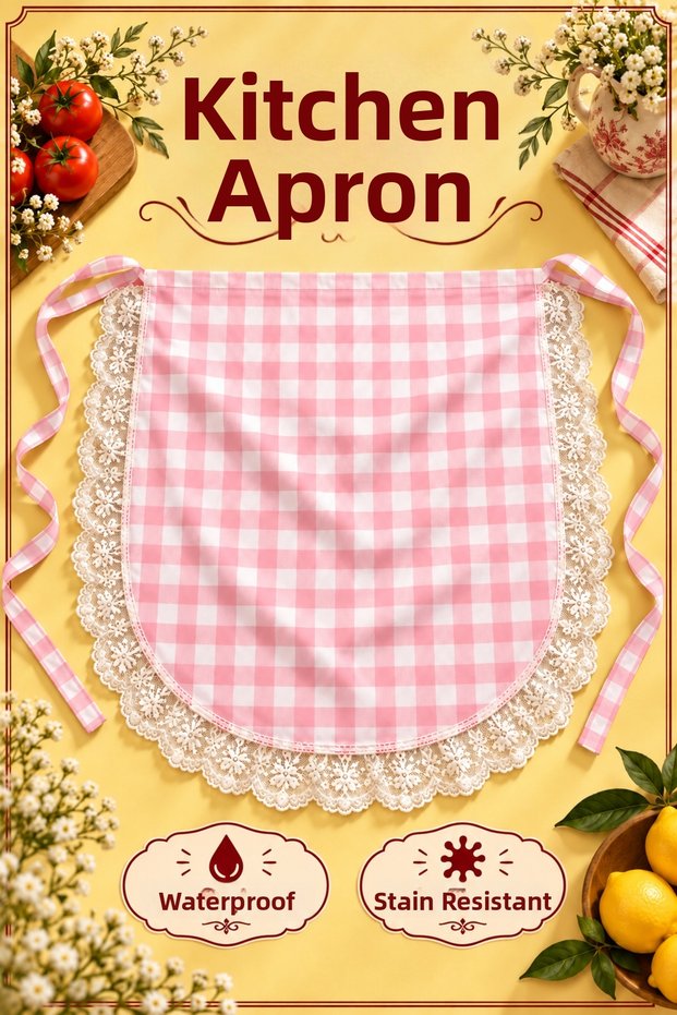 Lace Gingham Duck Fabric Kitchen and Serving Apron – Liquid-Proof, Stain-Resistant, Colorful, Suitable for Daily Use, for Dowry and Gifts