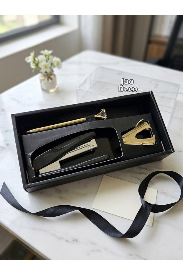 Luxury Office Gift Set Stapler Staple Remover and Crystal Stone Pen Black Gold