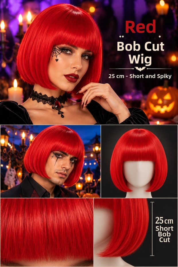 Red Blunt Cut Wig 25 cm Short Straight with Bangs Halloween Halloween Party Costume Wig