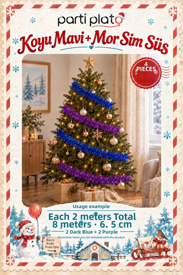 Dark Blue and Purple Glitter Ornament 4 Pieces 2 Meters Total 8 m 6.5 cm Christmas Tree Decoration