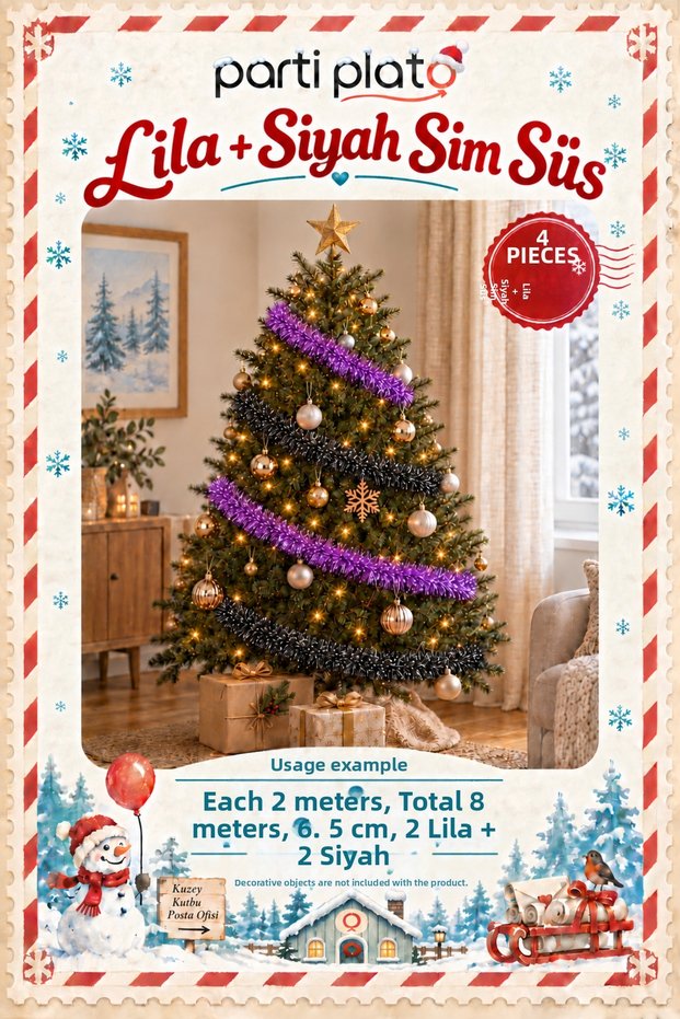 Lilac and Black Glitter Ornament 4 Pieces 2 Meters Total 8 m 6.5 cm Christmas Tree Decoration
