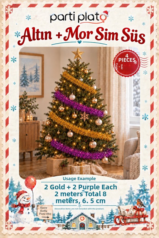Gold and Purple Glitter Ornament 4 Pieces 2 Meters Total 8 m 6.5 cm Christmas Tree Decoration