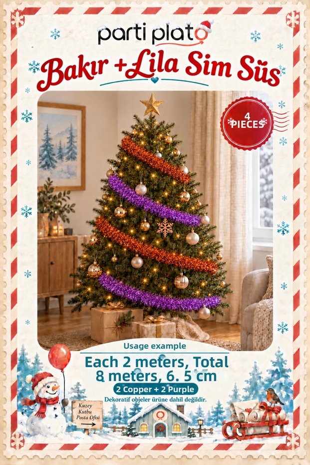 Copper and Lilac Glitter Ornament 4 Pieces 2 Meters Total 8 m 6.5 cm Christmas Tree Decoration