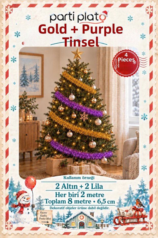 Gold and Lilac Glitter Ornament 4 Pieces 2 Meters Total 8 m 6.5 cm Christmas Tree Decoration