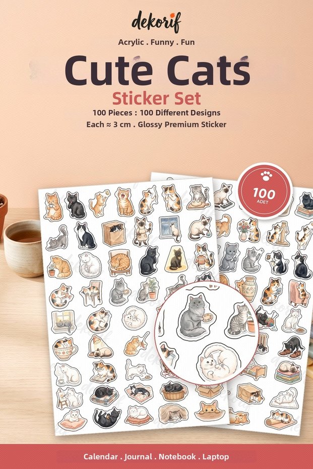 Cute Cat Sticker Set 100 Pieces - Funny Cats Watercolor Journal Agenda Notebook Laptop Stickers