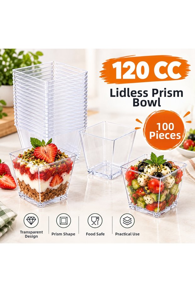 100 Pieces of Crystal Mica Prism Dessert Bowl 120 Cc Cubic Presentation Container Without Lid (Magnolia, Pudding, Appetizer)