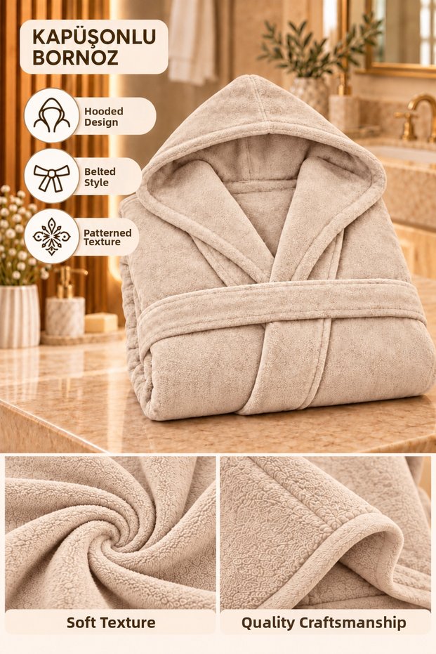 Hooded Unisex Rashell Bathrobe with Pockets, Soft Textured