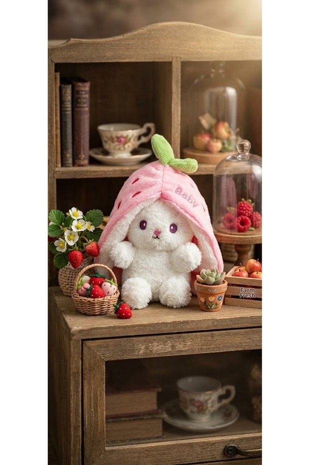 Strawberry Costume Plush Rabbit Toy Zippered Transformable Soft Rabbit Sleeping Companion