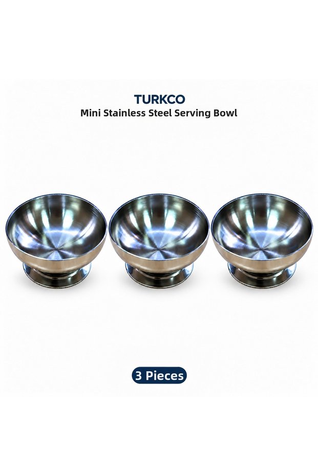 Footed Mini Steel Bowl Breakfast Jam Sauce Bowl Turkish Delight Bowl Snack Bowl Silver 7.6 Cm, 3 Pieces