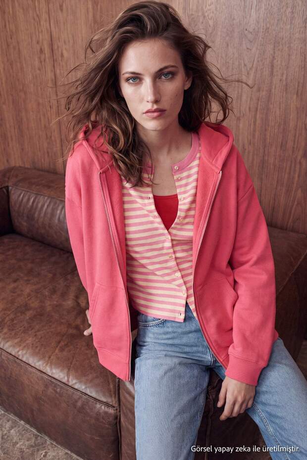Pembe Kalın İçi Polarlı Kapüşonlu Oversize Cepli Örme Sweatshirt TWOAW27SW00218