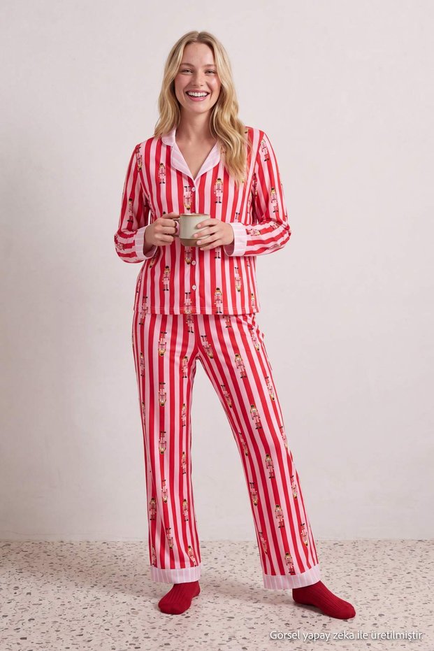 Red-Pink 100% Cotton Christmas Themed Lead Soldier and Striped Knitted Pajama Set Thmaw27Pt00215