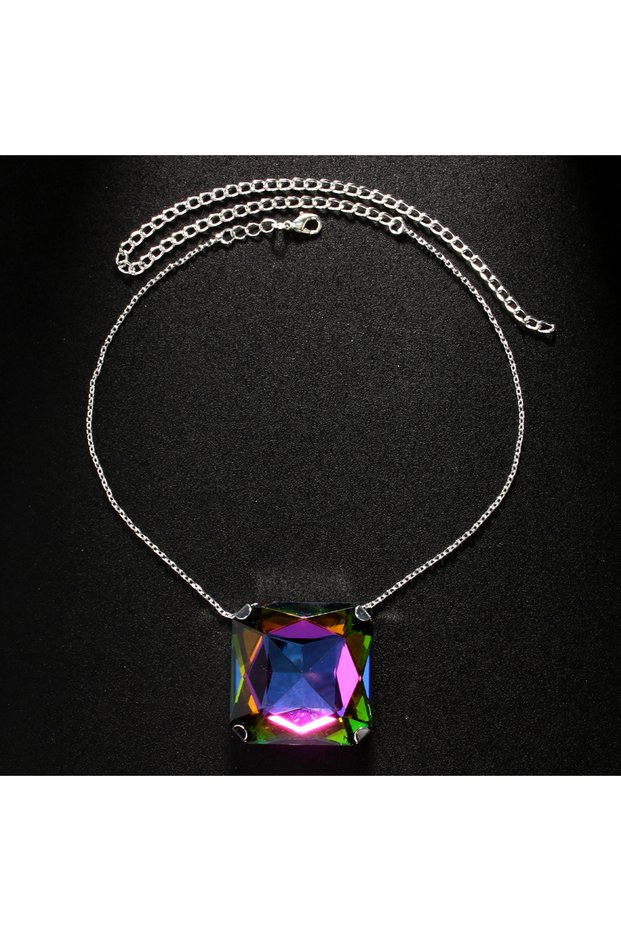 Silver Plated Colorful Oversize Square Necklace Chain Crystal Choker for Women 2024 Trendy Large Geo