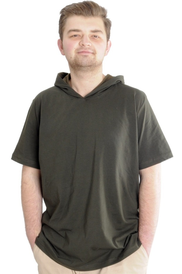 Fashion XL Large Size Men's T-Shirt Hooded Short Sleeve 23118 Khaki