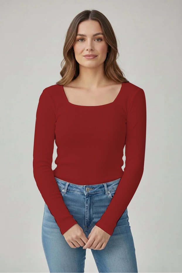 Women's Red Long Sleeve Square Neck T-Shirt Blouse Camisole Ribbed