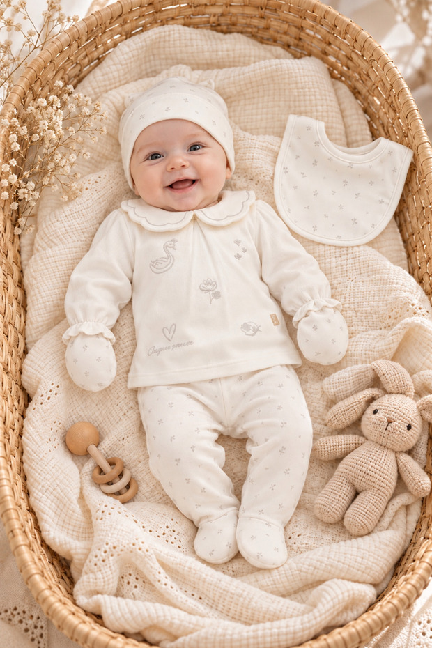 Swan Embroidered Newborn Baby Girl 5-Piece Hospital Discharge Bodysuit Set Baby Outfit