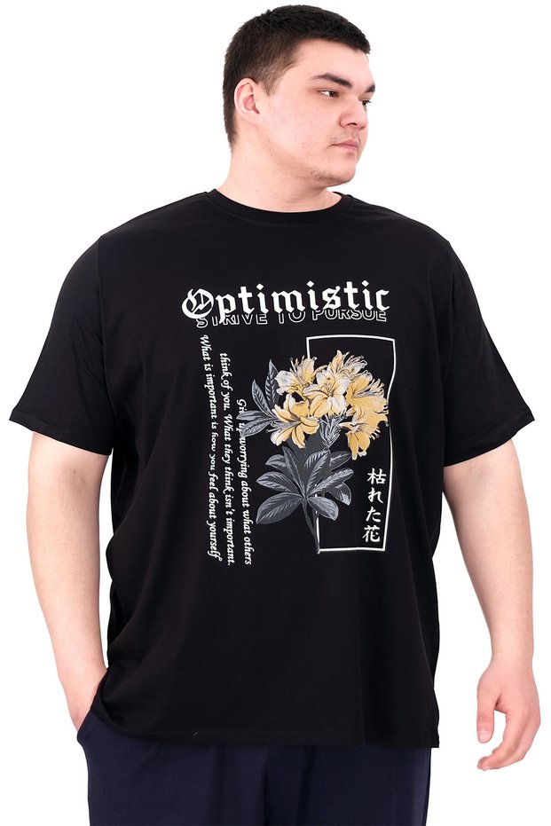 Mode XL Large Size Men's T-Shirt Crew Neck Optimistic U25028 Black