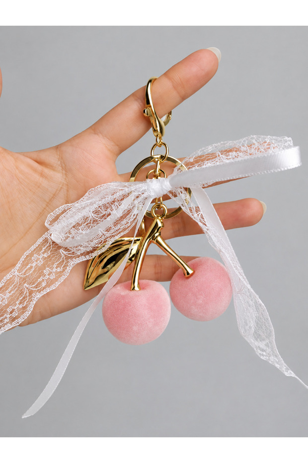 Women's Cherry Velvet Texture Ribbon Lace Gold Imported Bag Charm
