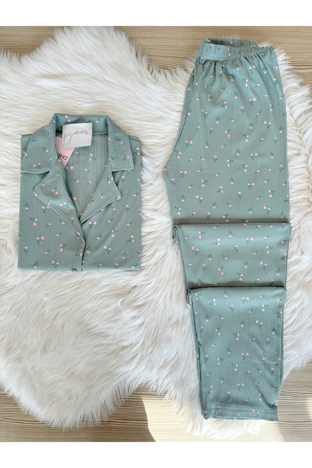 Green Mini Floral Patterned Short Sleeve Pegasus Pajamas Set