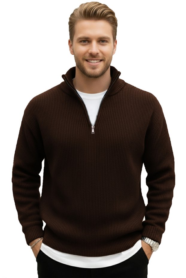 Men's Brown Half Zip Oversized Cut Knitwear Sweater – Soft Textured Knit Sweater 2608511