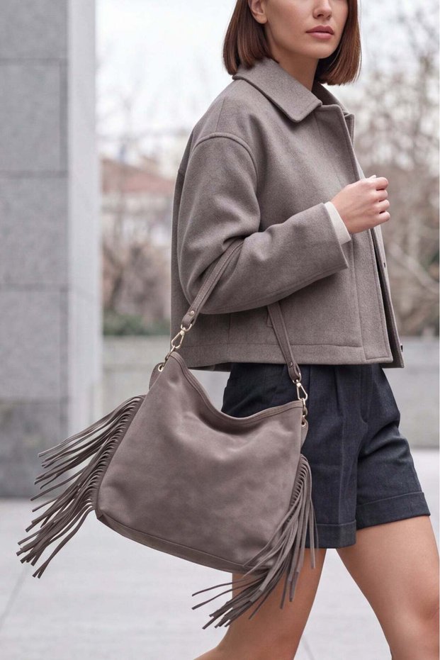 Women's Genuine Leather Tassel Detailed Hand and Shoulder Bag Soliga Mink Suede