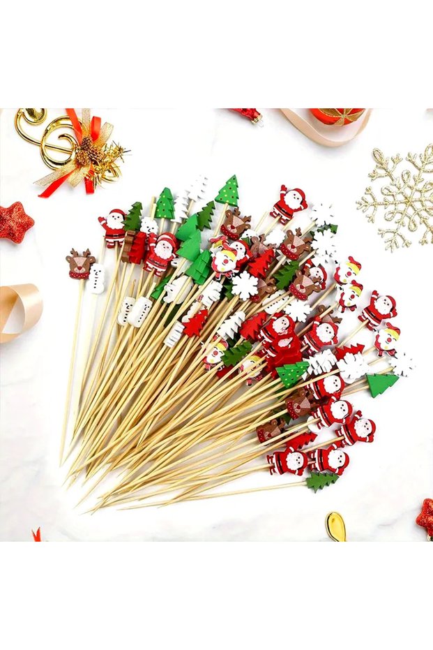 50Pcs random style 50/100Pcs Festive Christmas Fruit Skewers with Santa, Snowflake and Tree Designs