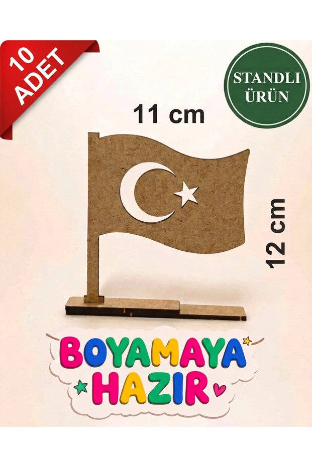 Paintable Turkish Flag Wooden Toy with Stand and Children's Activity Set (10 Pcs)