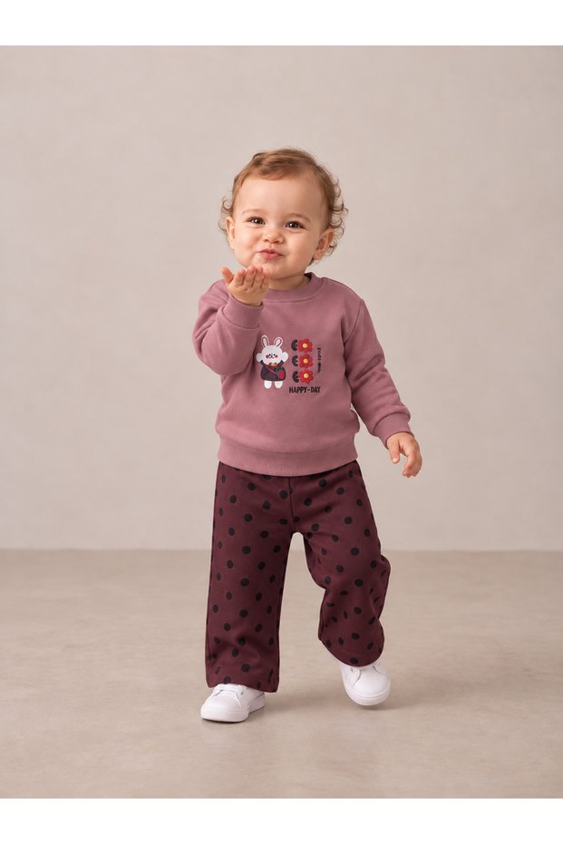 Simit Yaka Rabbit Printed Sweatshirt/Polka Dot Printed Wide Leg Sweatpants 3 Threaded Drawstring Set