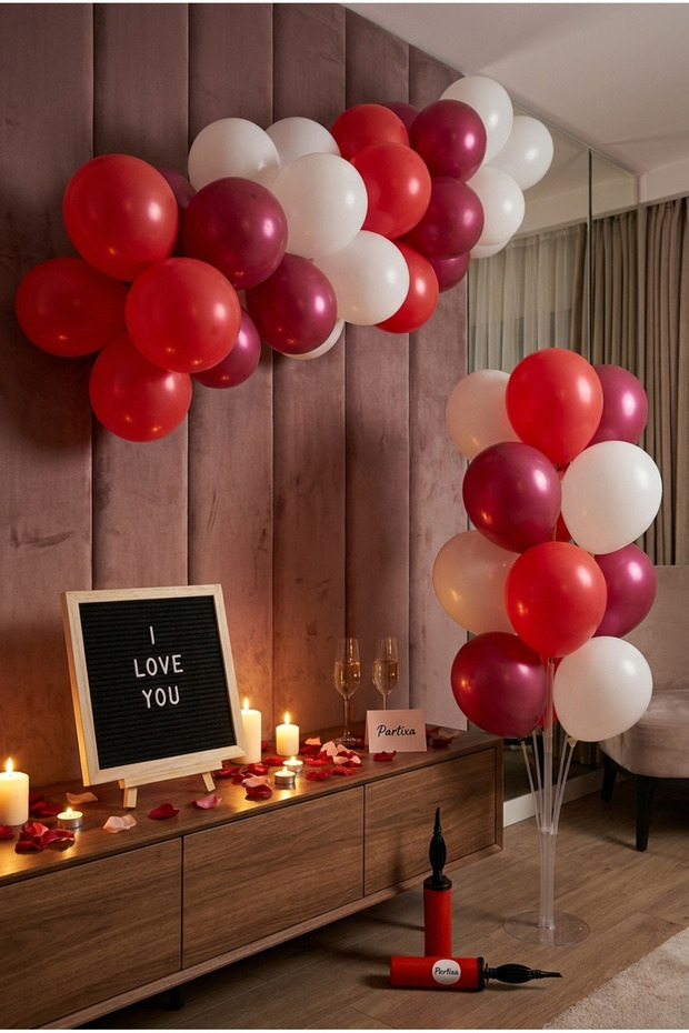 Valentine's Day Anniversary Decoration Deluxe Set Black Felt Letter Board with Stand Balloon Chain Set of 7 Transparent Balloons with Stand