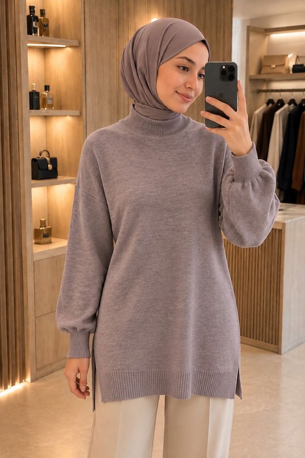 High-Necked Mink Hijab Knitwear Sweater 10381V