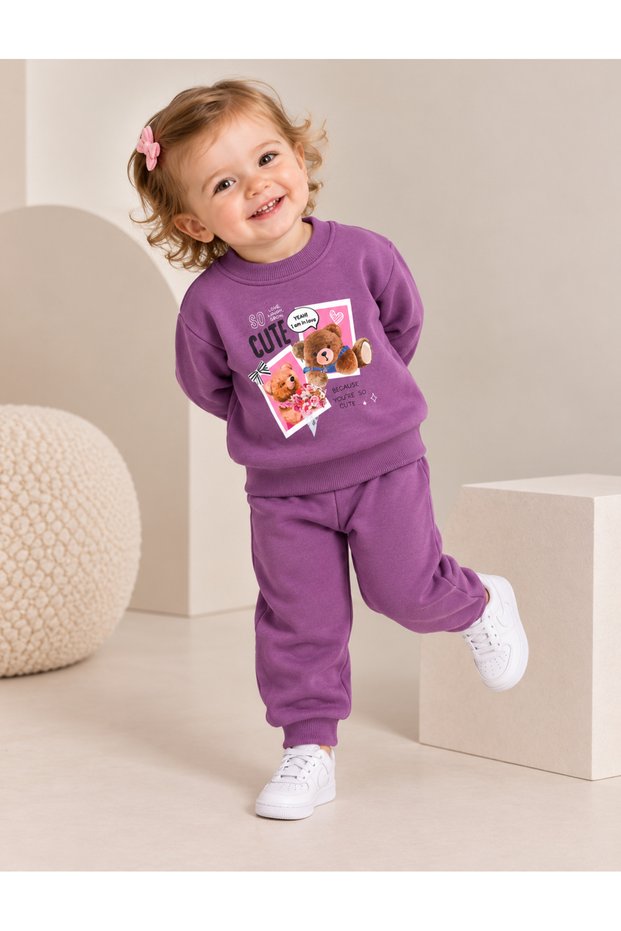 Simit Yaka Cute Printed Sweatshirt/Elastic Waist Sweatpants 3-Strap Set