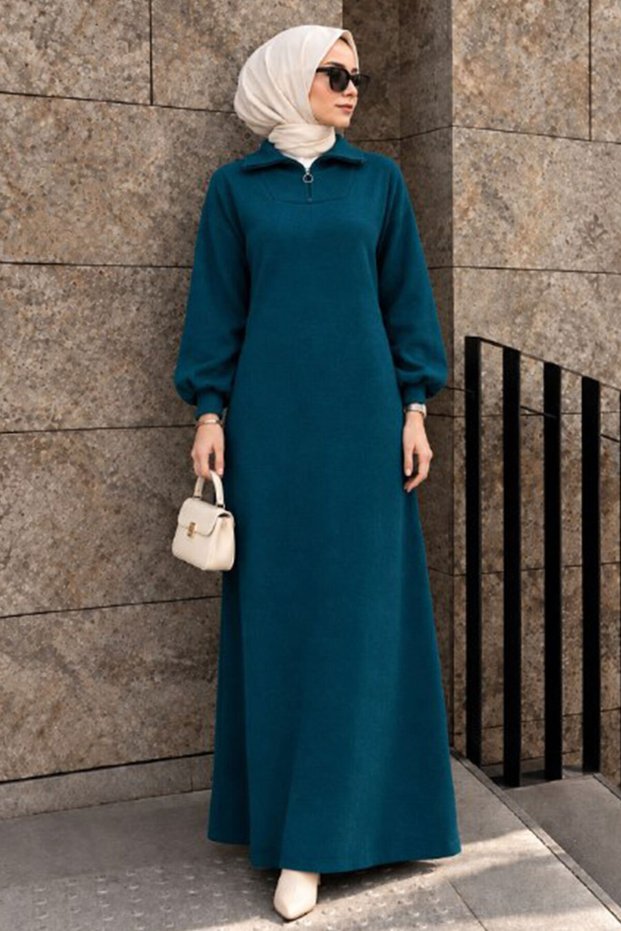 Zipper Collar Plain Emerald Green Hijab Knitwear Dress 30071Zy