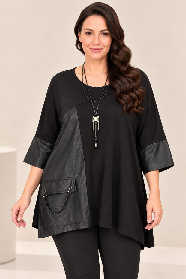 Plus-Size Women's Crew Neck 3/4-Sleeve Blouse with Chain Detail and Pocket Detail, Black