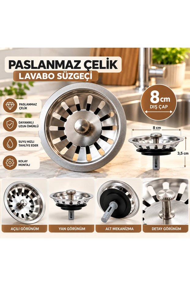 Stainless Steel 8cm Kitchen Sink Strainer and Drain Strainer with Stopper